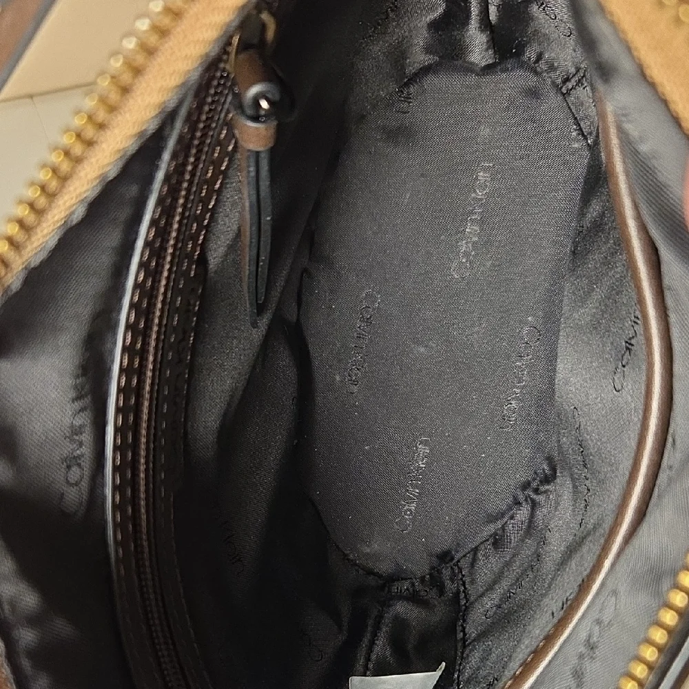 Calvin Klein CK Monogram Mini Shoulder Bag Brown Logo Zip Pouch Purse - Picture 5 of 8